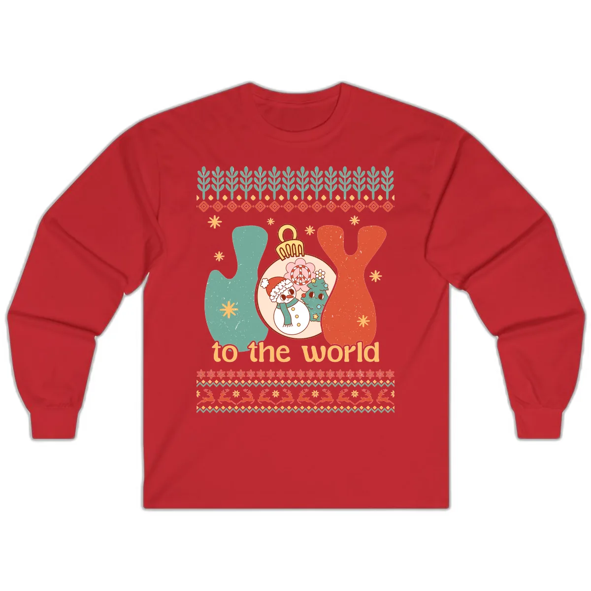Retro Joy To The World Holiday Long Sleeve in Red