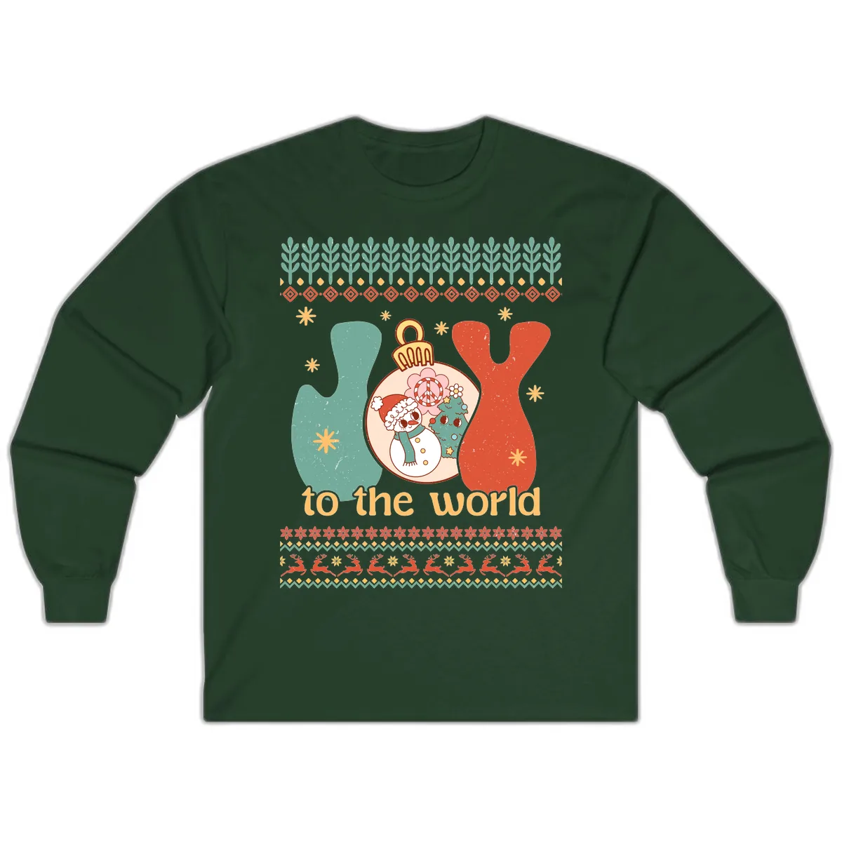 Retro Joy To The World Holiday Long Sleeve in Forest Green