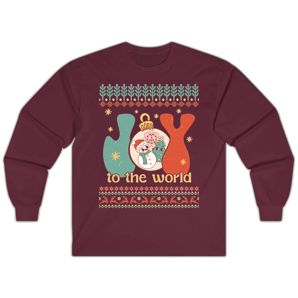 Retro Joy To The World Holiday Long Sleeve in Maroon