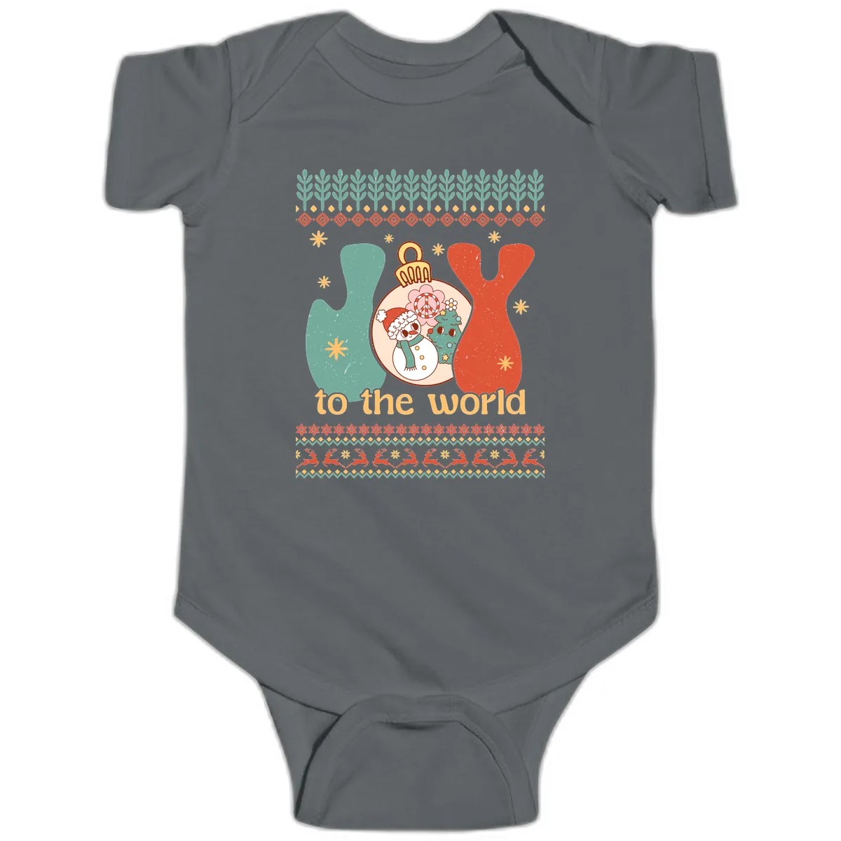 Retro Joy To The World Holiday Baby Onesie in Charcoal