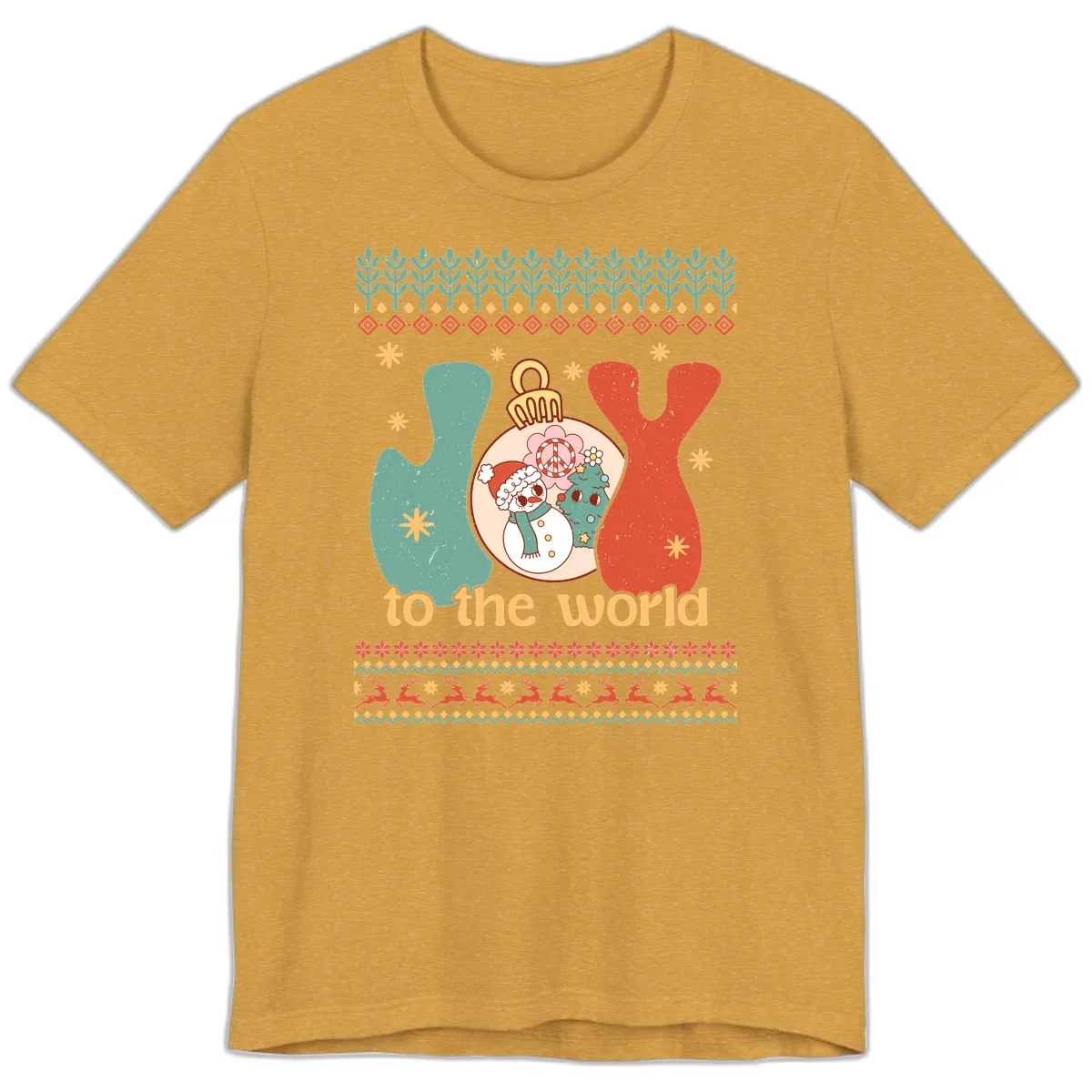 Retro Joy To The World Holiday Premium T-Shirt in Heather Mustard