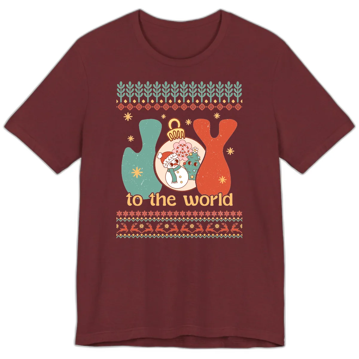 Retro Joy To The World Holiday Premium T-Shirt in Heather Cardinal