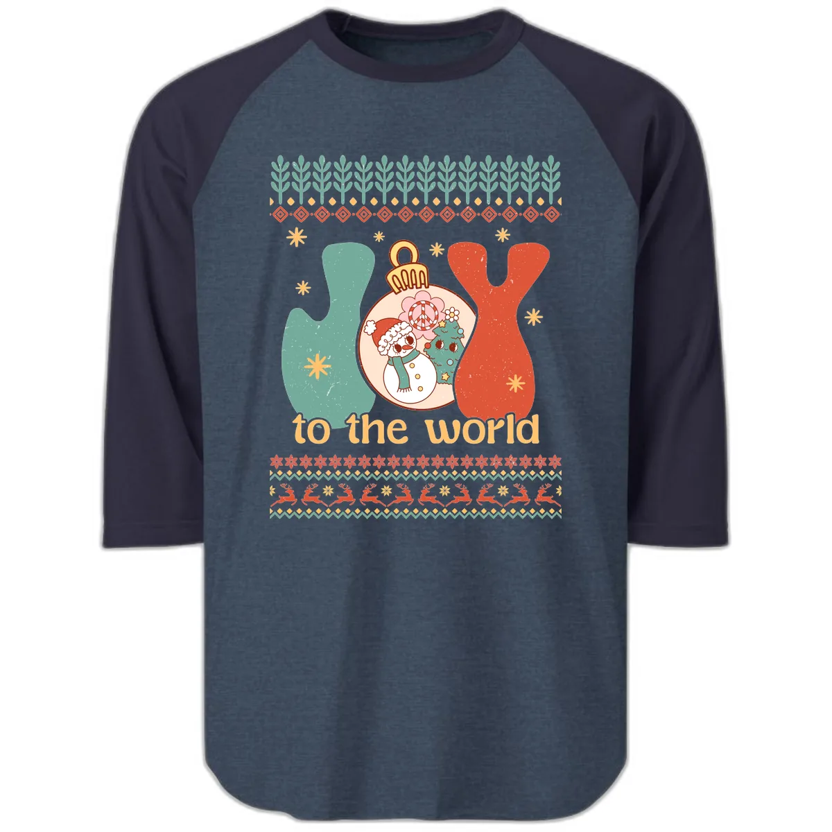 Retro Joy To The World Holiday Raglan 3/4 in Heather Denim Navy