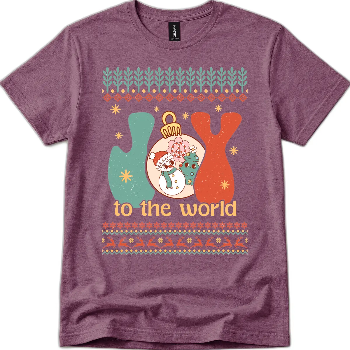 Retro Joy To The World Holiday T-Shirt in Heather Maroon