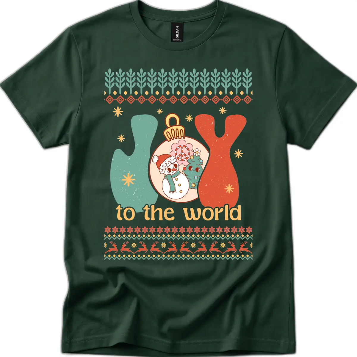 Retro Joy To The World Holiday T-Shirt in Forest Green
