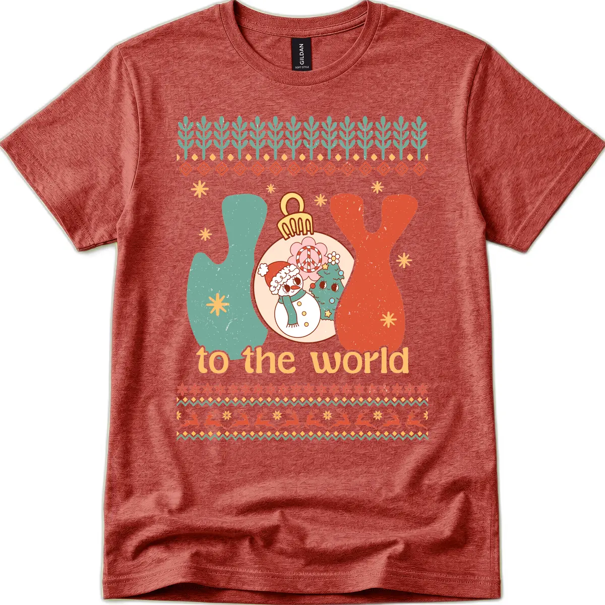 Retro Joy To The World Holiday T-Shirt in Heather Cardinal