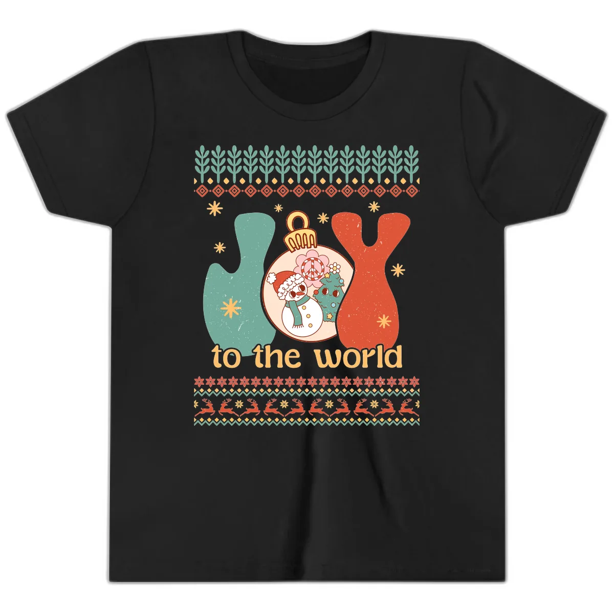 Retro Joy To The World Holiday Youth T-Shirt in Black