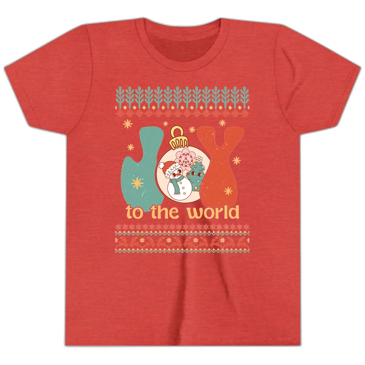 Retro Joy To The World Holiday Youth T-Shirt in Heather Red