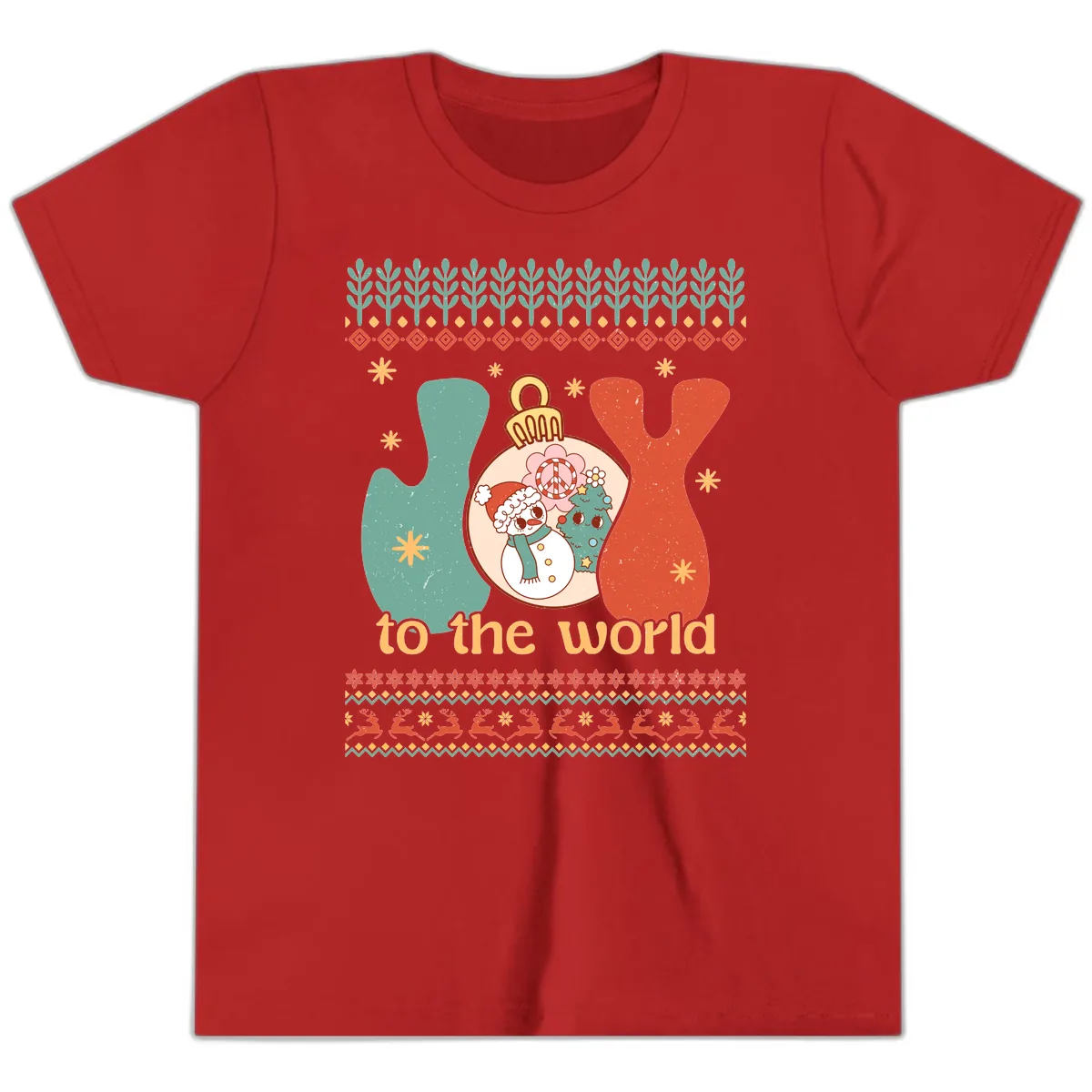 Retro Joy To The World Holiday Youth T-Shirt in Red