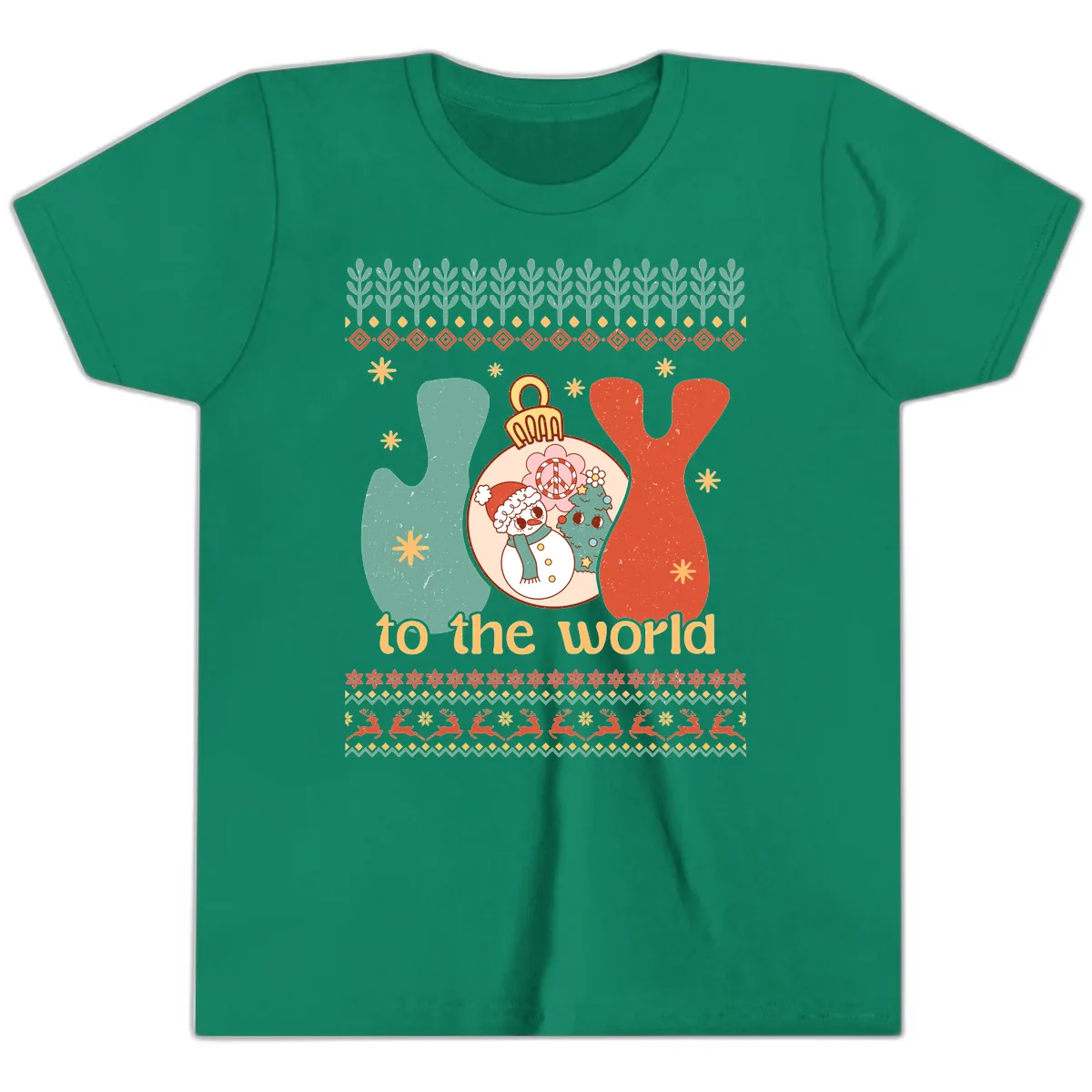 Retro Joy To The World Holiday Youth T-Shirt in Kelly