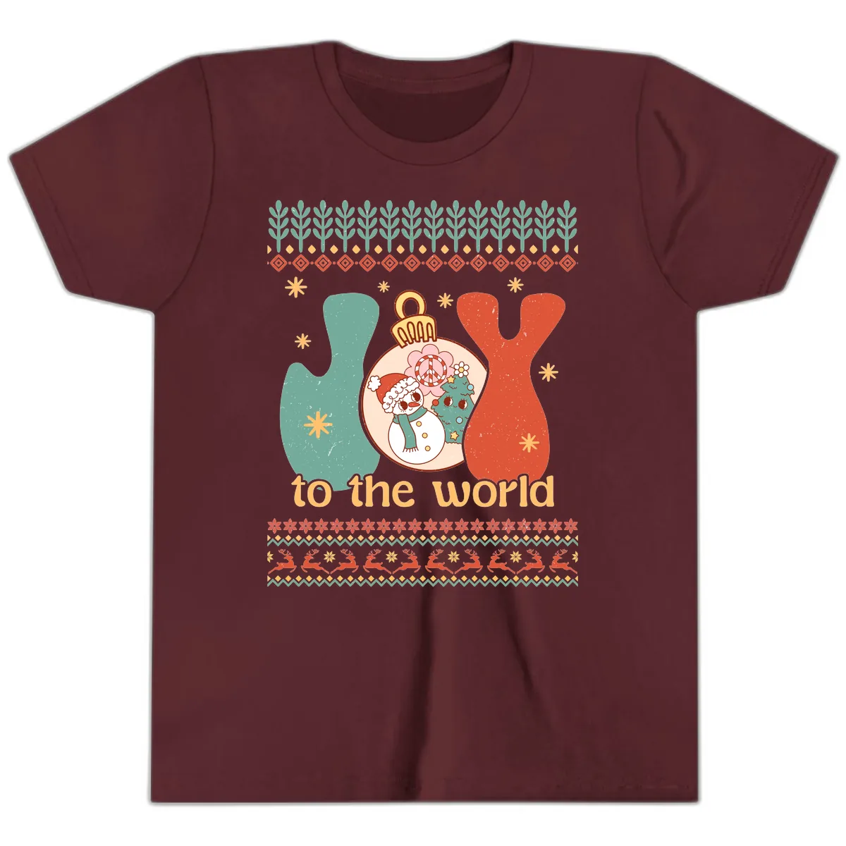 Retro Joy To The World Holiday Youth T-Shirt in Maroon