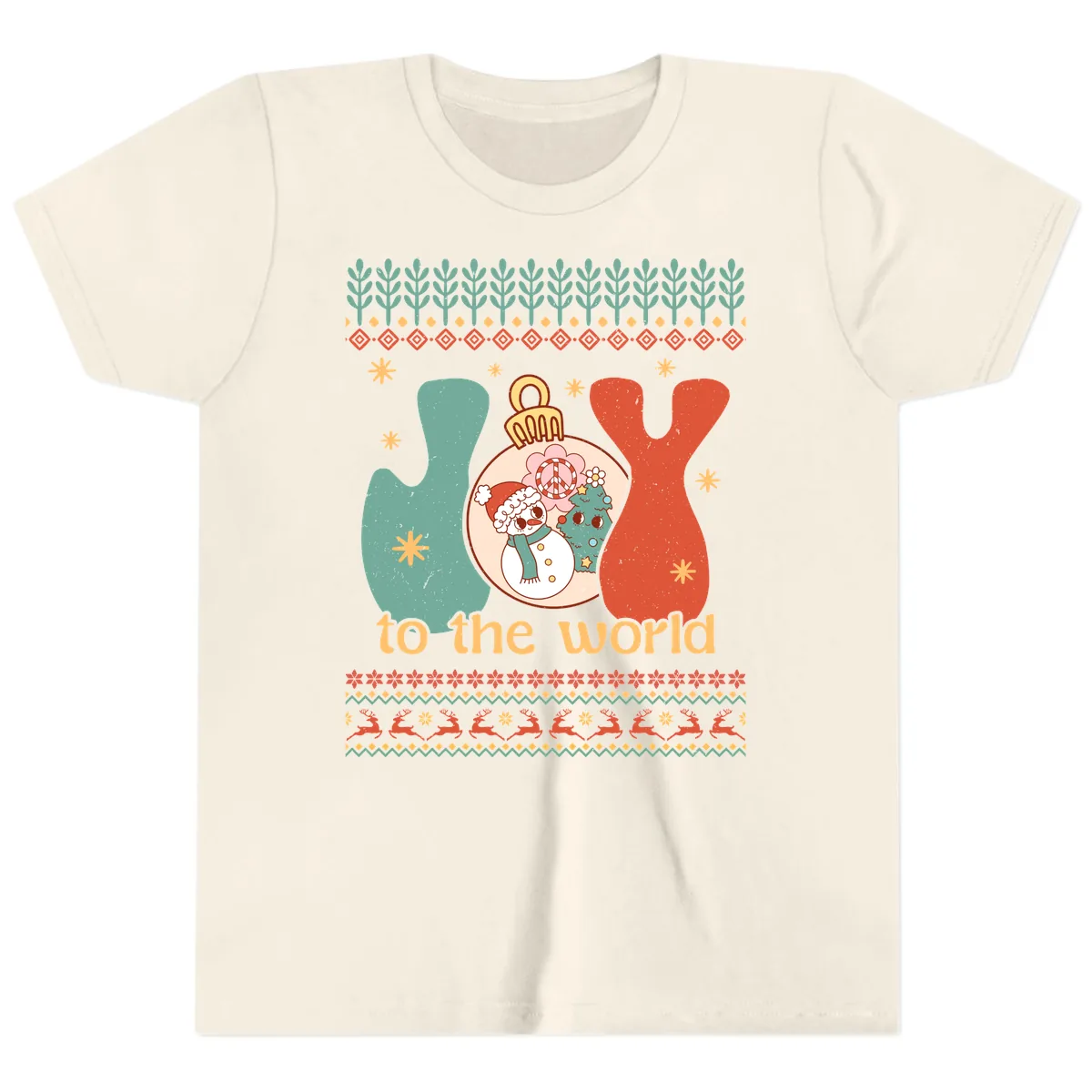 Retro Joy To The World Holiday Youth T-Shirt in Natural