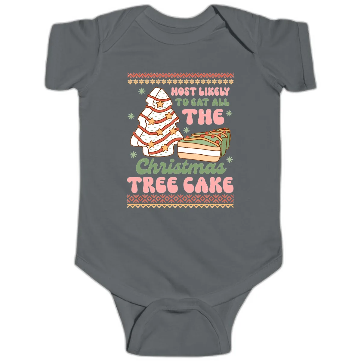 Most Likely To Eat All The Christmas Tree Cake Baby Onesie in Charcoal