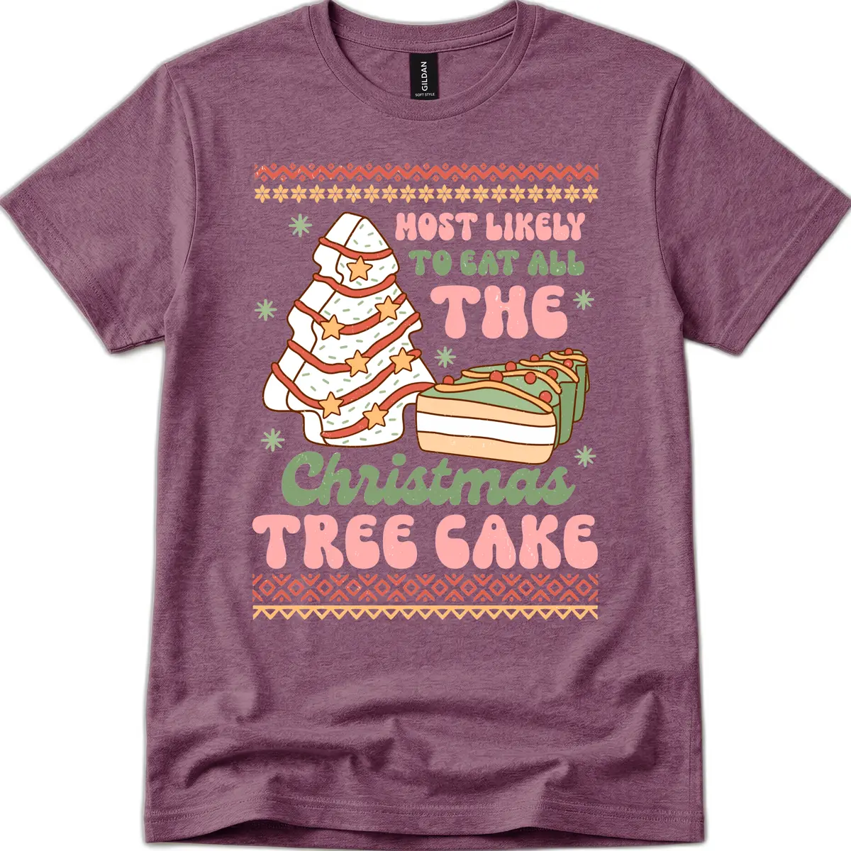 Most Likely To Eat All The Christmas Tree Cake T-Shirt in Heather Maroon