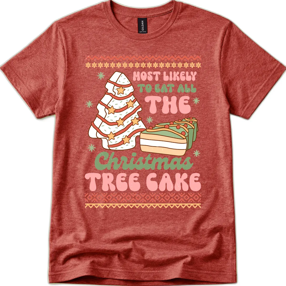 Most Likely To Eat All The Christmas Tree Cake T-Shirt in Heather Cardinal