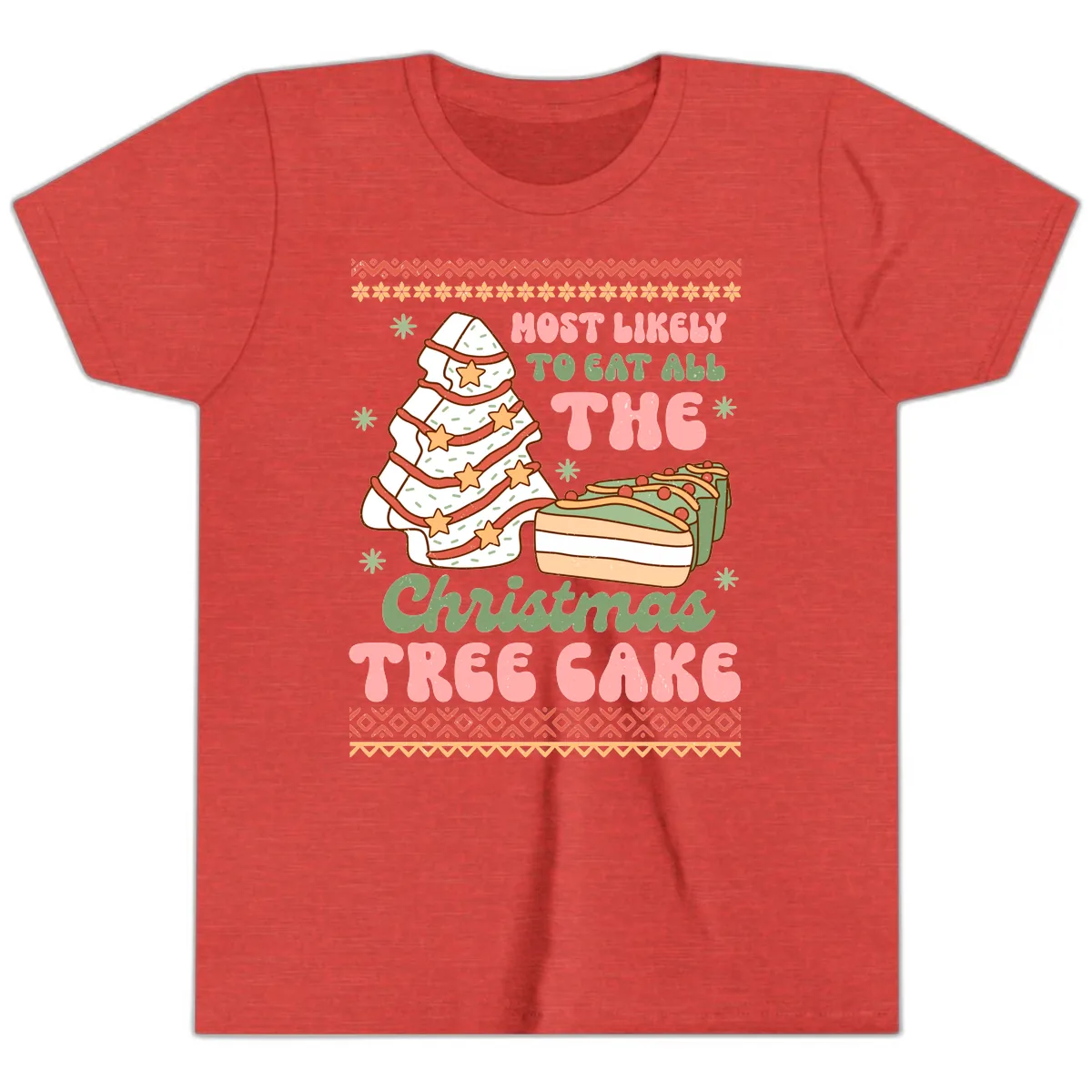 Most Likely To Eat All The Christmas Tree Cake Youth T-Shirt in Heather Red