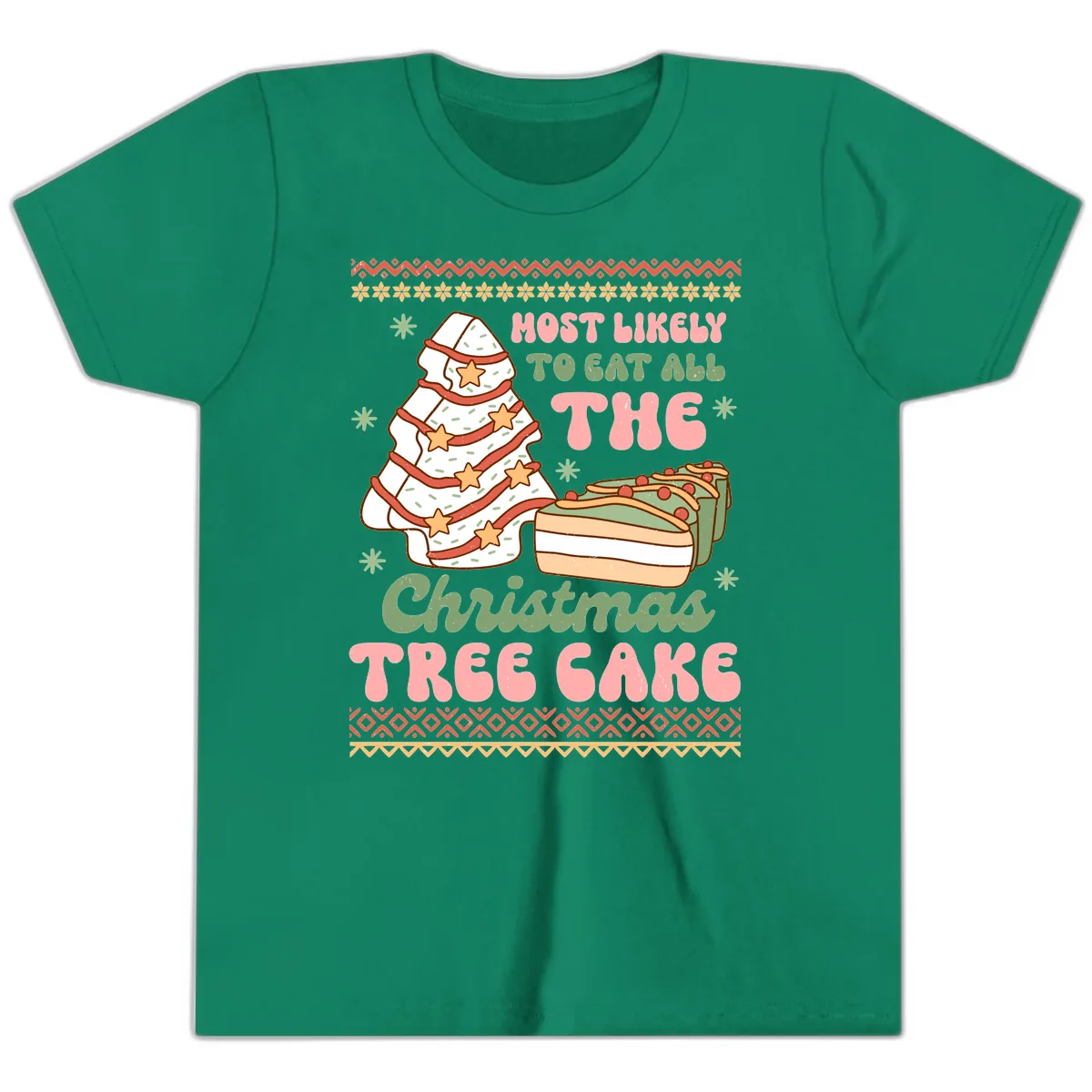 Most Likely To Eat All The Christmas Tree Cake Youth T-Shirt in Kelly