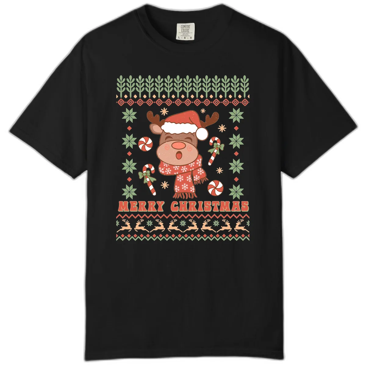 Merry Christmas Reindeer Ugly Sweater Comfort Color in Black