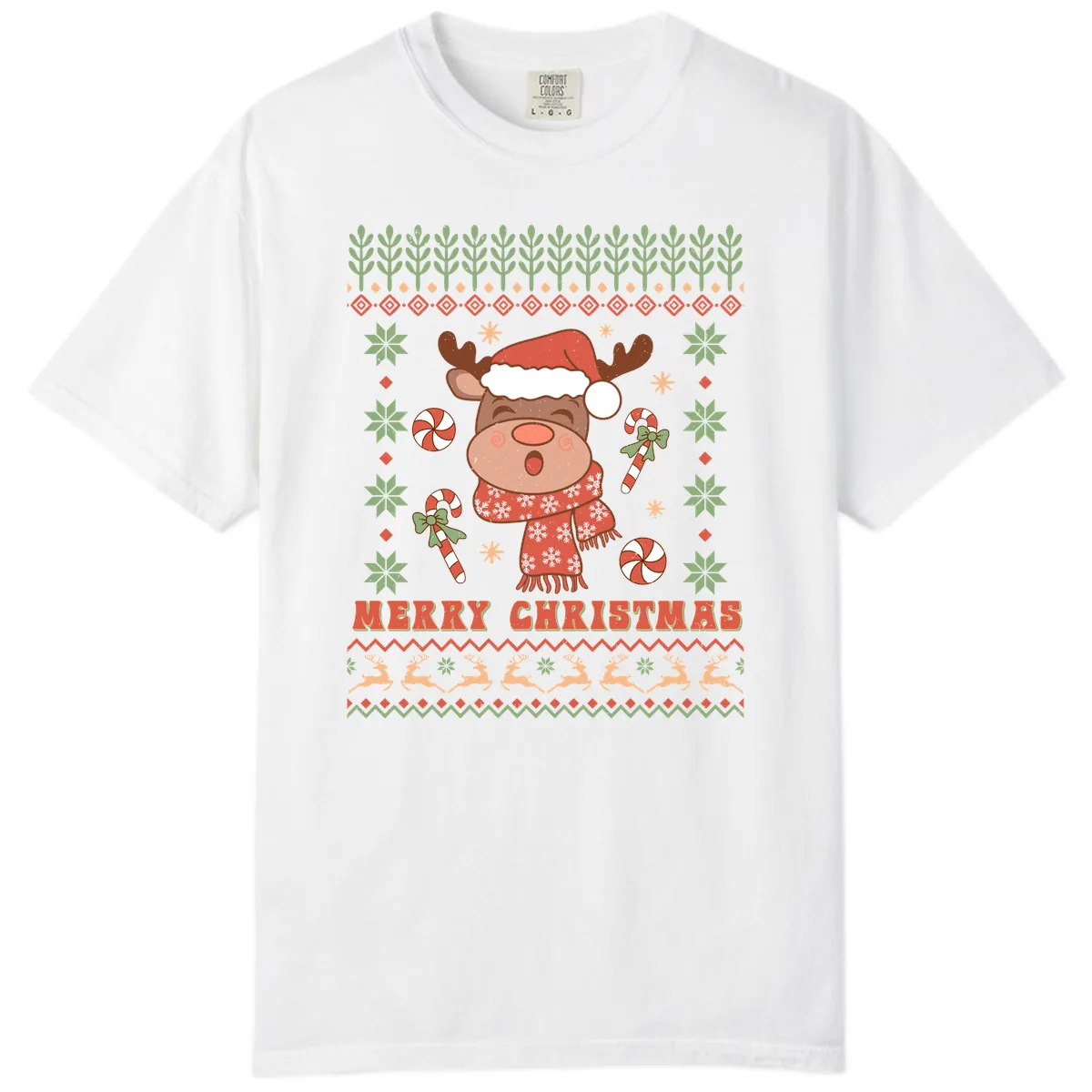 Merry Christmas Reindeer Ugly Sweater Comfort Color in White