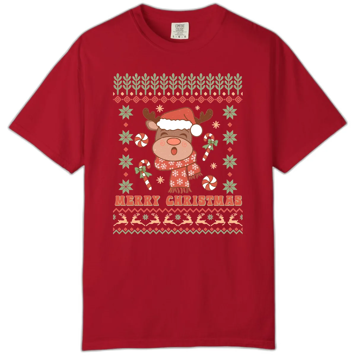 Merry Christmas Reindeer Ugly Sweater Comfort Color in Red