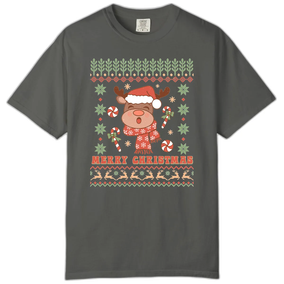Merry Christmas Reindeer Ugly Sweater Comfort Color in Pepper