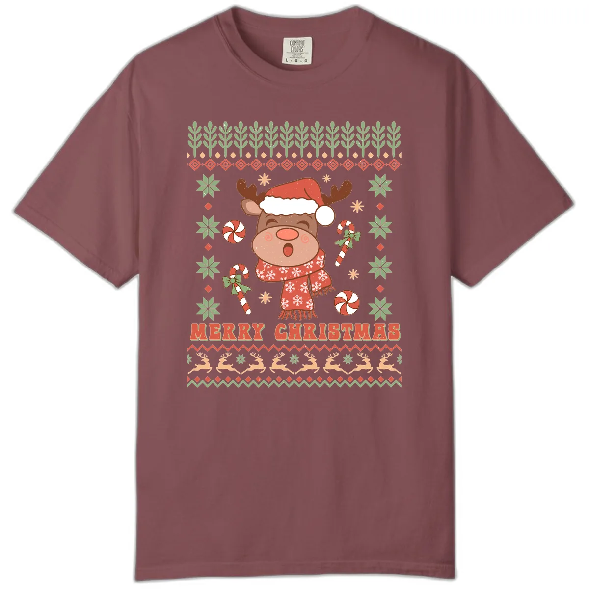 Merry Christmas Reindeer Ugly Sweater Comfort Color in Brick