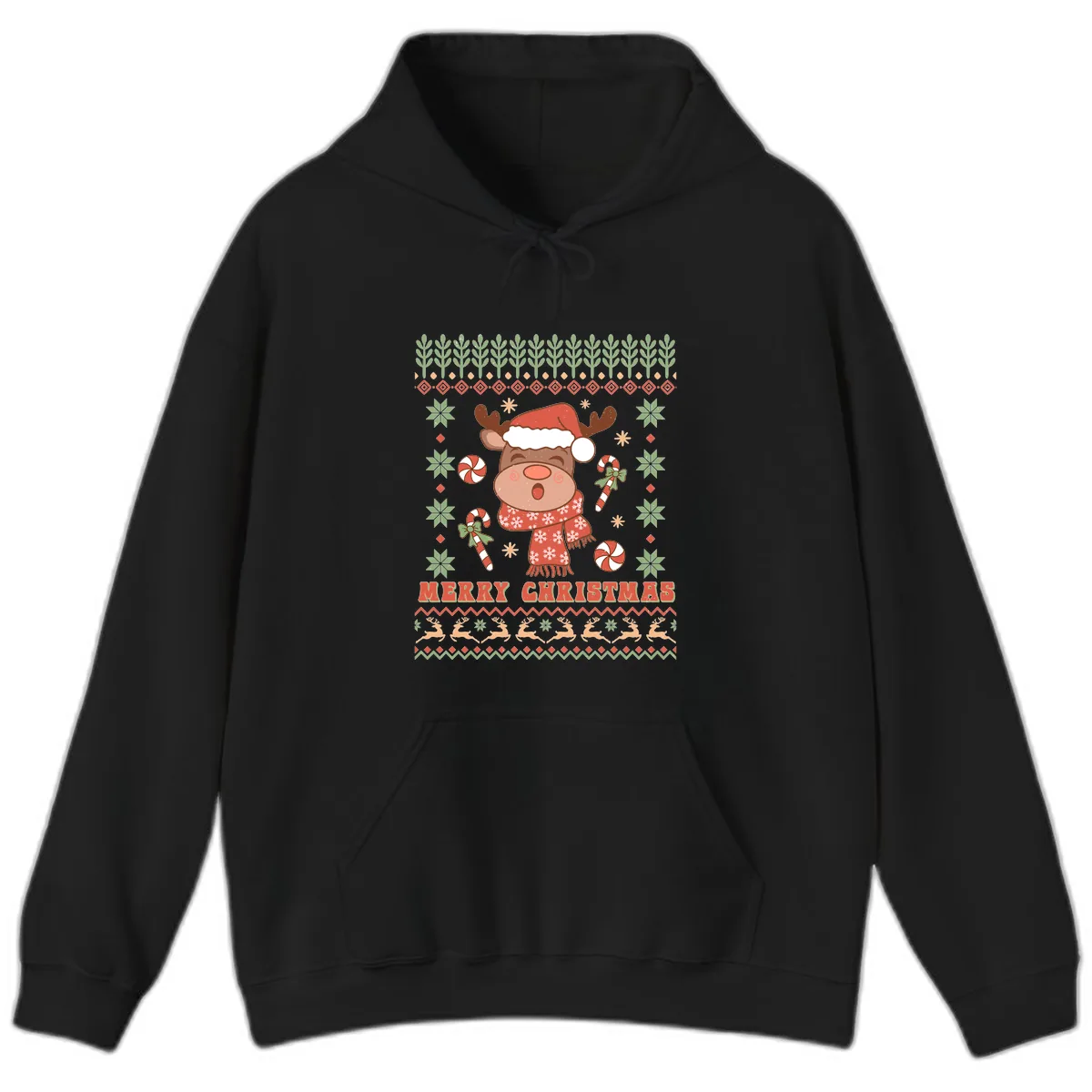 Merry Christmas Reindeer Ugly Sweater Hoodie in Black