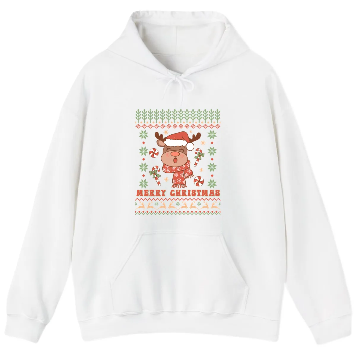Merry Christmas Reindeer Ugly Sweater Hoodie in White
