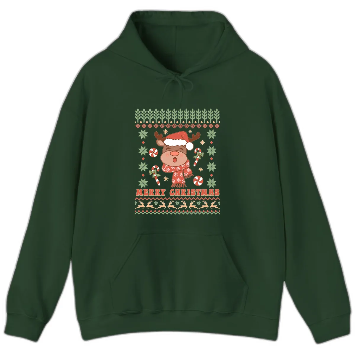 Merry Christmas Reindeer Ugly Sweater Hoodie in Forest Green
