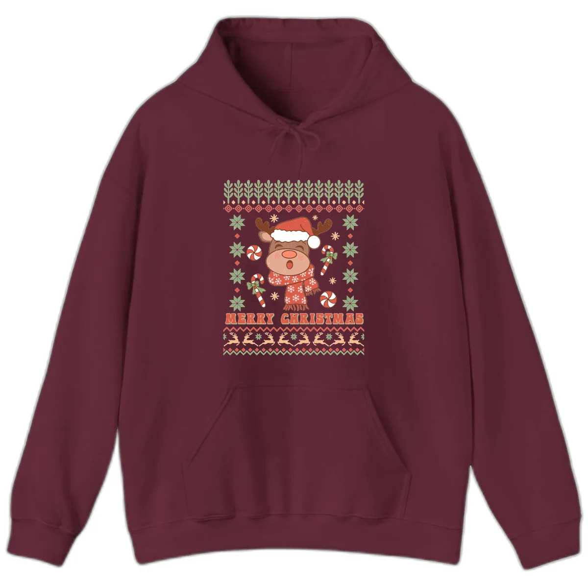 Merry Christmas Reindeer Ugly Sweater Hoodie in Maroon