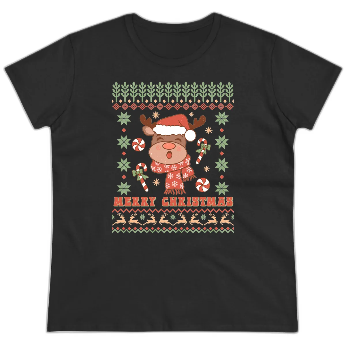 Merry Christmas Reindeer Ugly Sweater Ladies Tee in Black