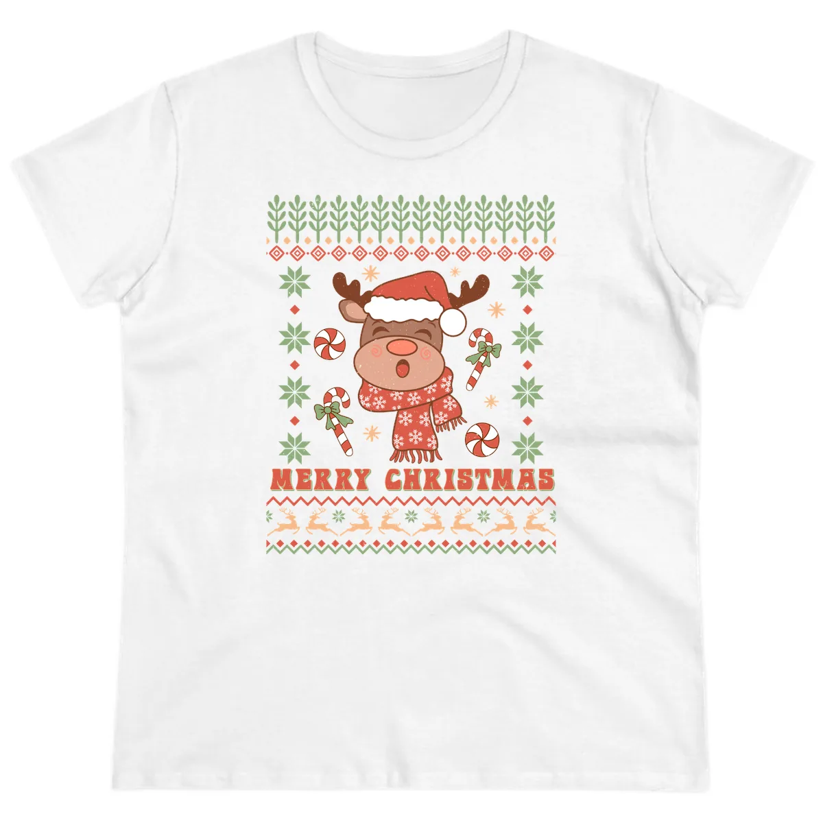 Merry Christmas Reindeer Ugly Sweater Ladies Tee in White