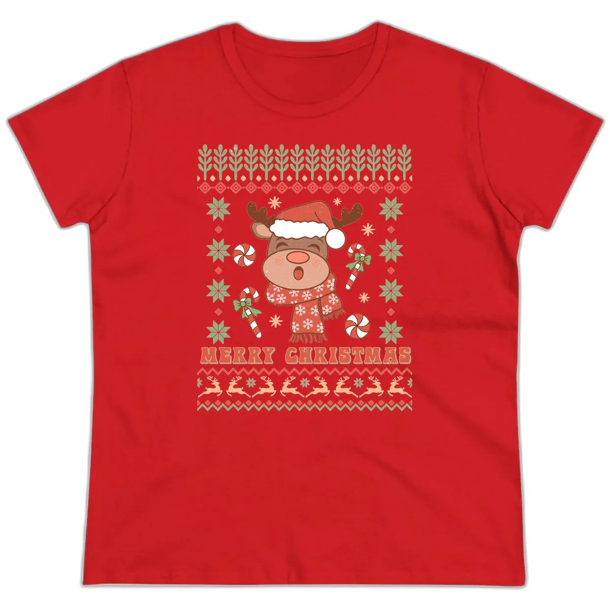 Merry Christmas Reindeer Ugly Sweater Ladies Tee in Red