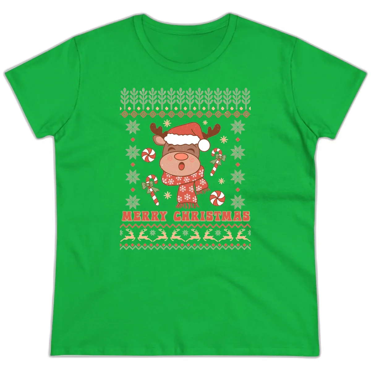 Merry Christmas Reindeer Ugly Sweater Ladies Tee in Irish Green