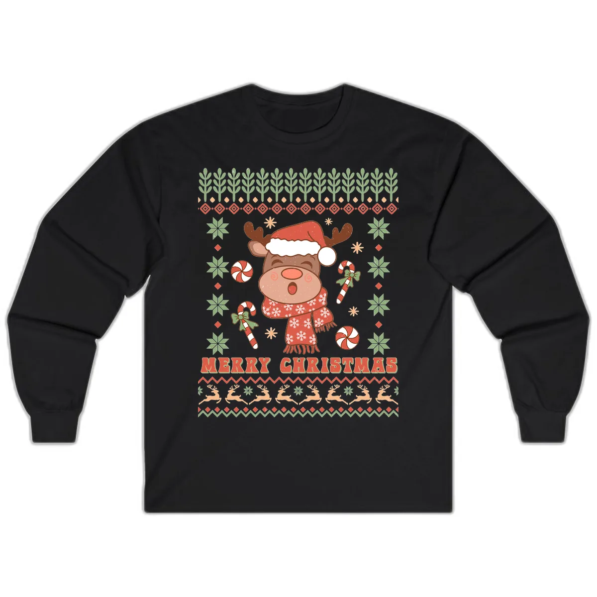 Merry Christmas Reindeer Ugly Sweater Long Sleeve in Black