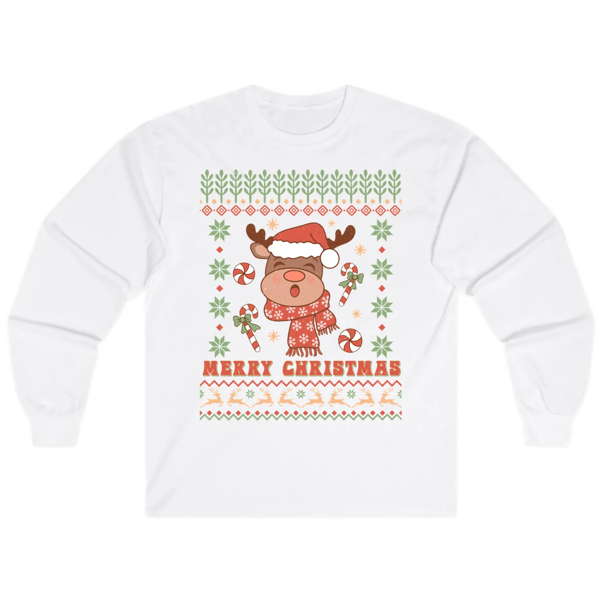 Merry Christmas Reindeer Ugly Sweater Long Sleeve in White