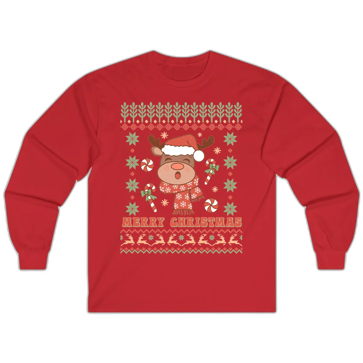 Merry Christmas Reindeer Ugly Sweater Long Sleeve in Red