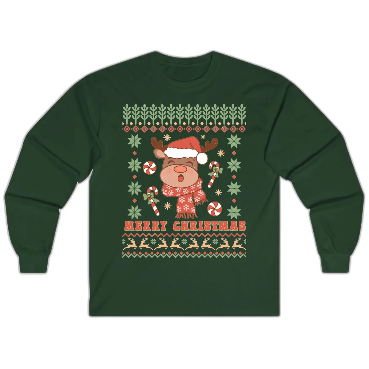 Merry Christmas Reindeer Ugly Sweater Long Sleeve in Forest Green