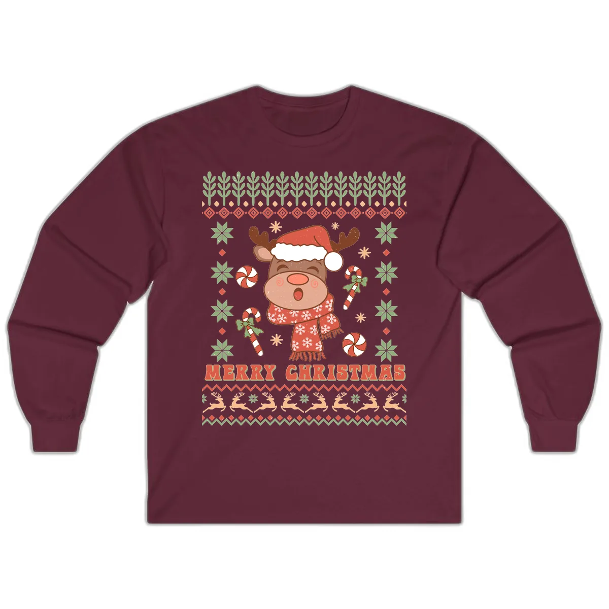 Merry Christmas Reindeer Ugly Sweater Long Sleeve in Maroon