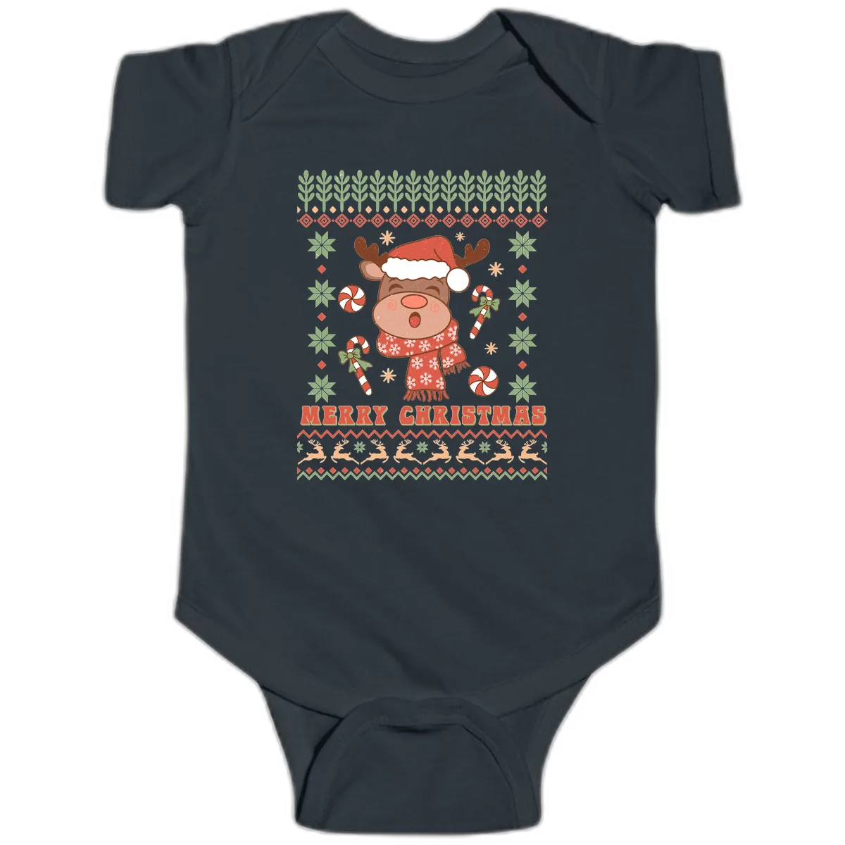 Merry Christmas Reindeer Ugly Sweater Baby Onesie in Black