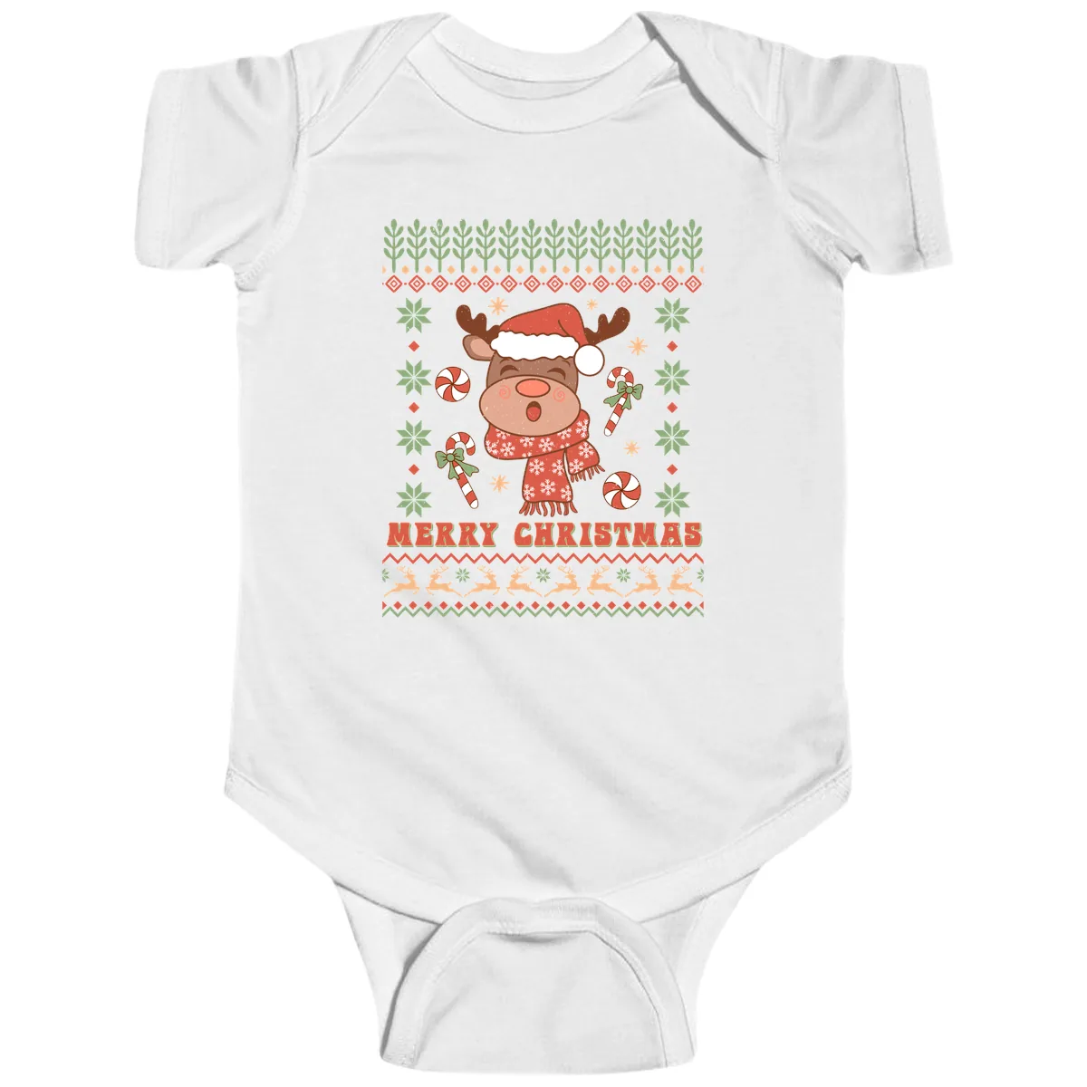 Merry Christmas Reindeer Ugly Sweater Baby Onesie in White