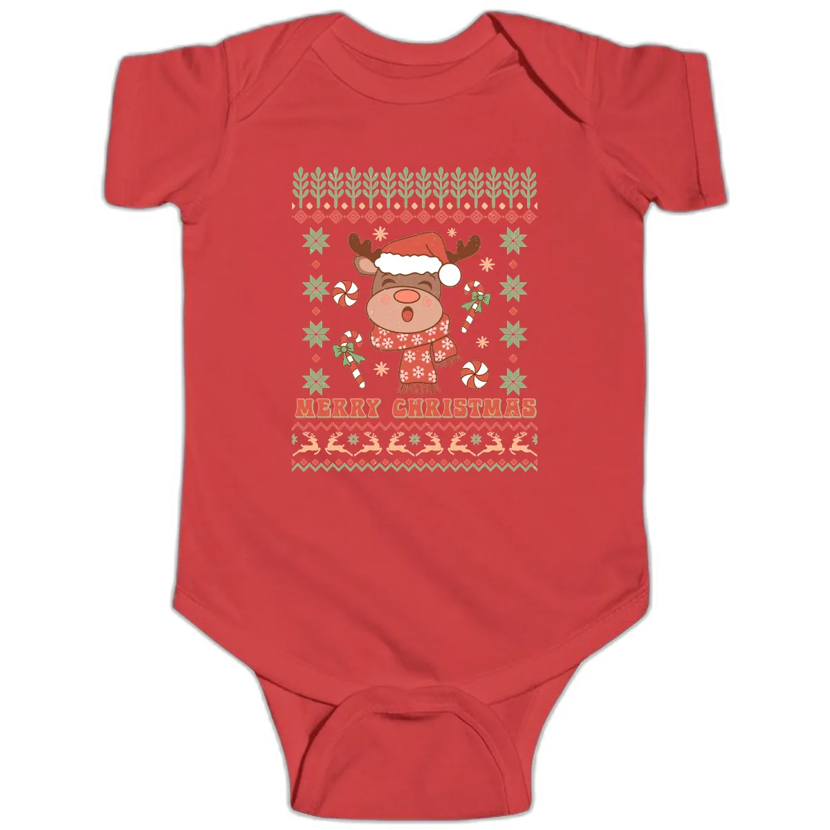 Merry Christmas Reindeer Ugly Sweater Baby Onesie in Red