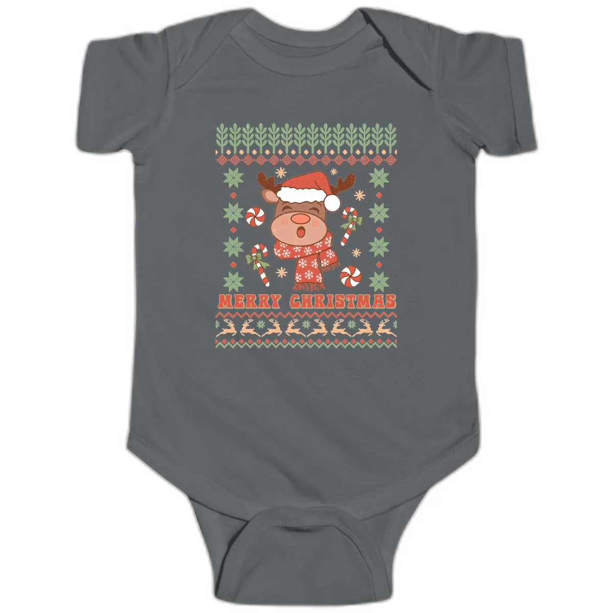 Merry Christmas Reindeer Ugly Sweater Baby Onesie in Charcoal
