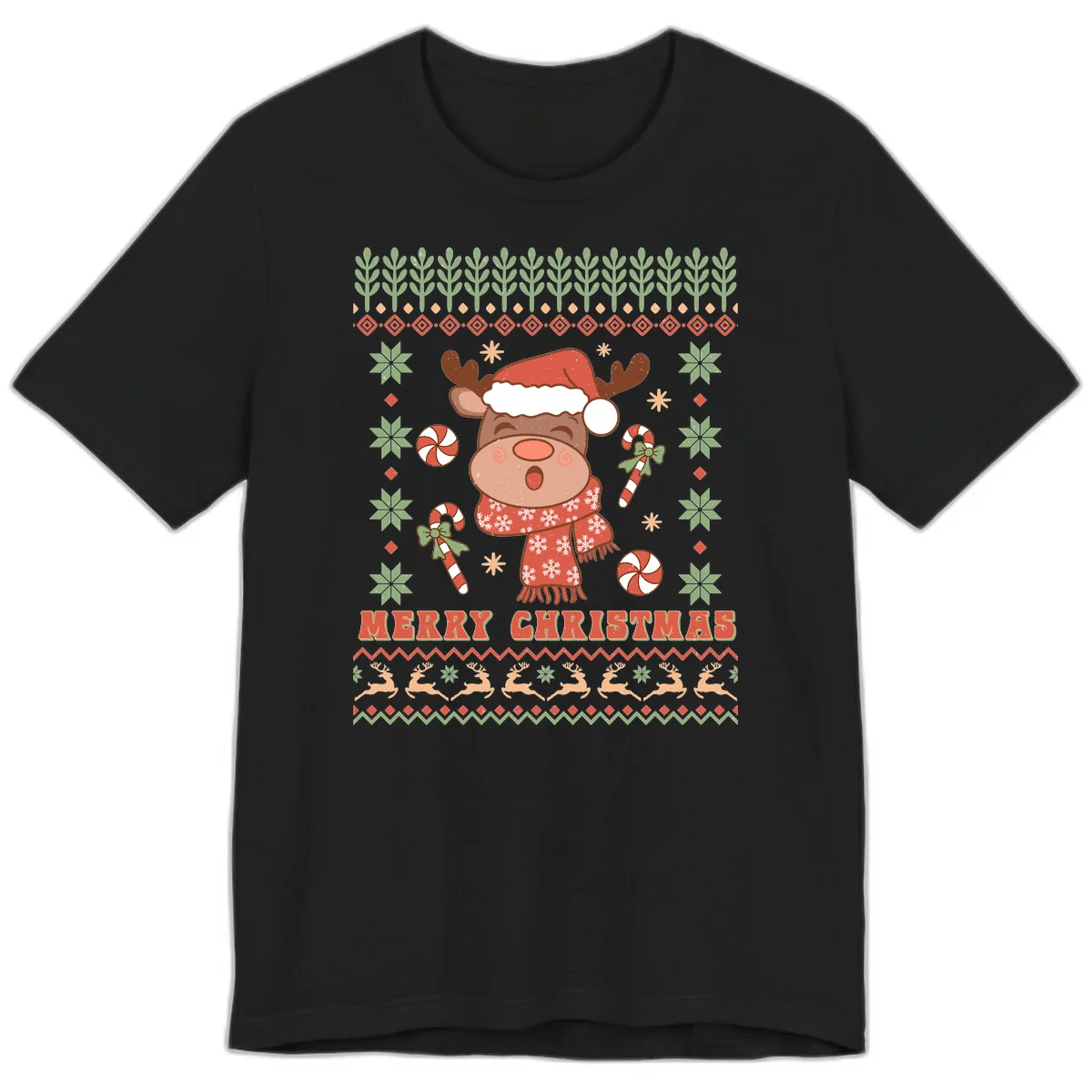 Merry Christmas Reindeer Ugly Sweater Premium T-Shirt in Black