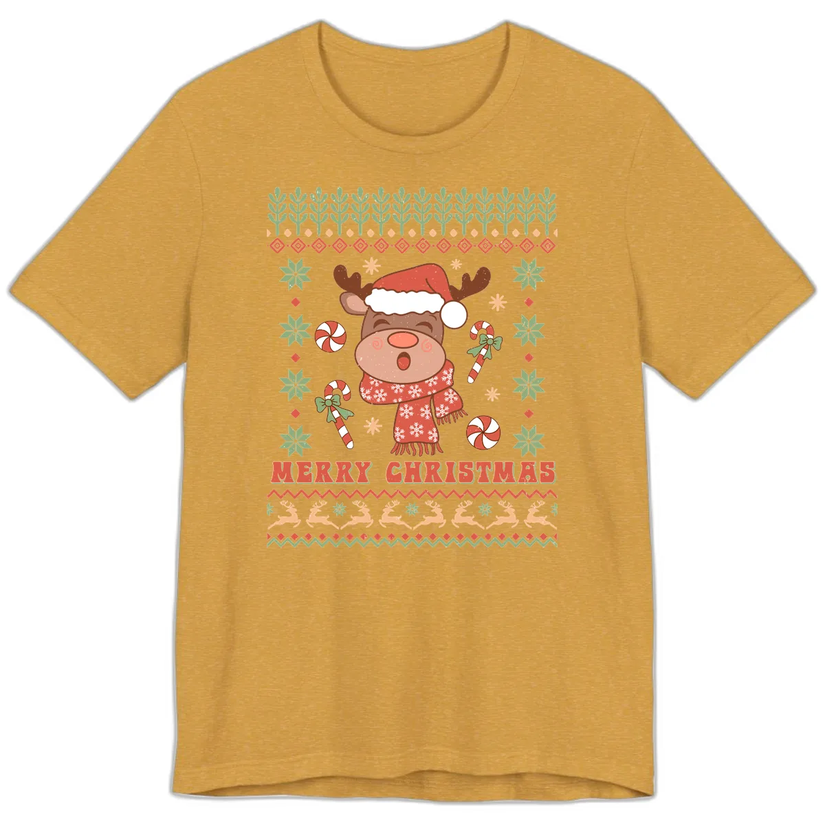 Merry Christmas Reindeer Ugly Sweater Premium T-Shirt in Heather Mustard