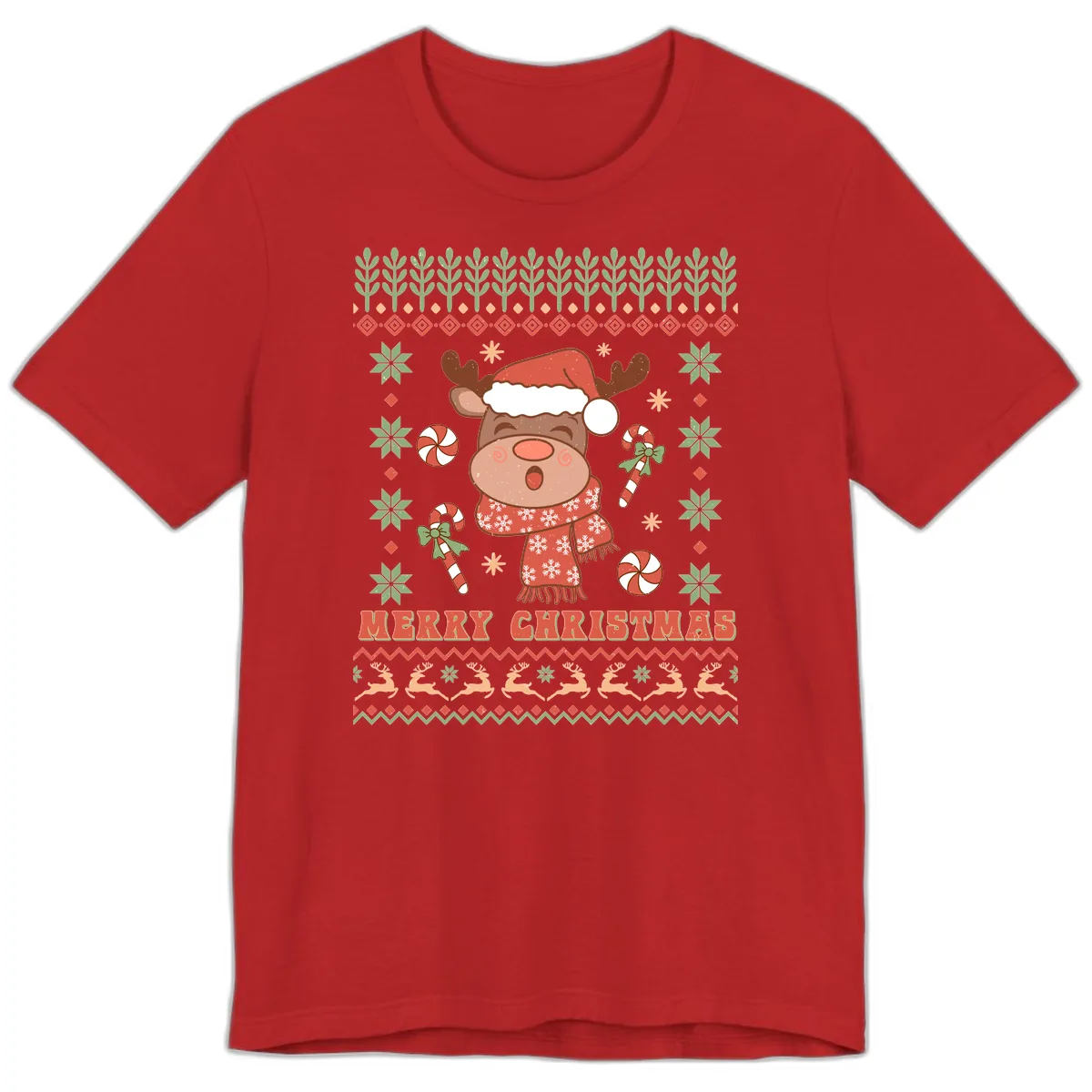 Merry Christmas Reindeer Ugly Sweater Premium T-Shirt in Red