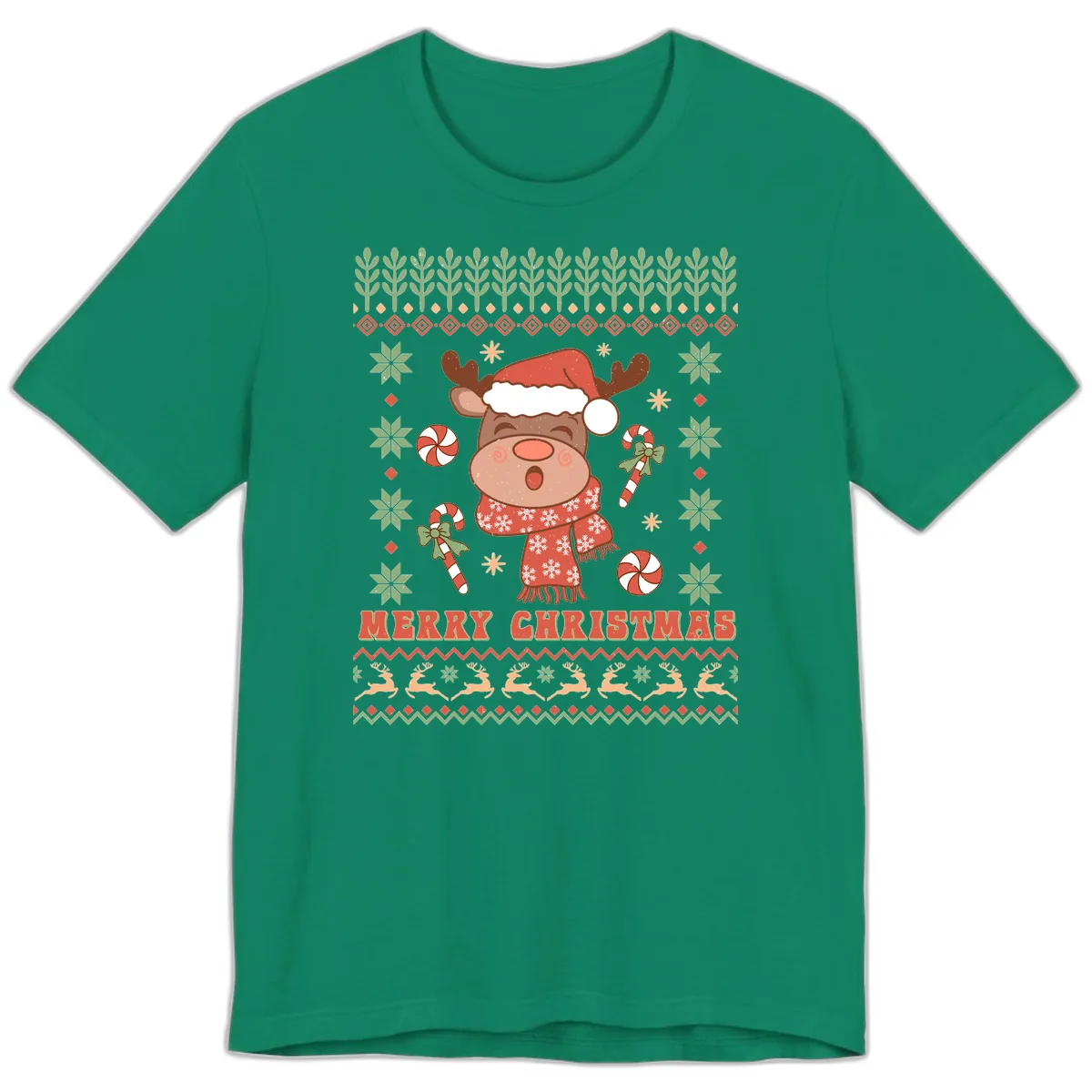Merry Christmas Reindeer Ugly Sweater Premium T-Shirt in Kelly