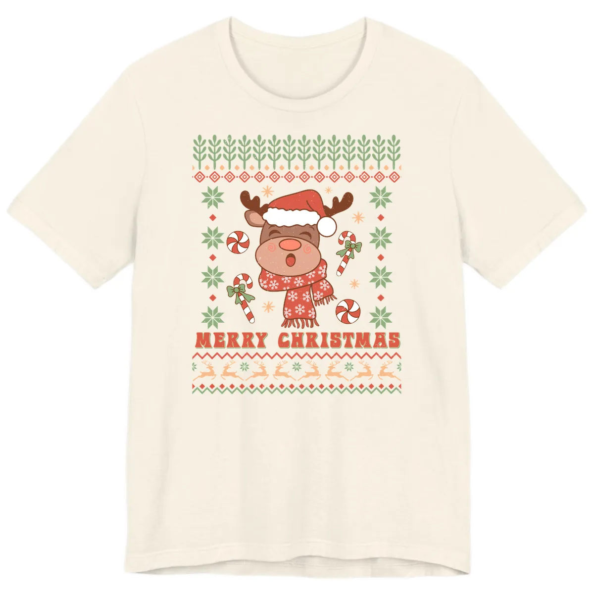 Merry Christmas Reindeer Ugly Sweater Premium T-Shirt in Natural
