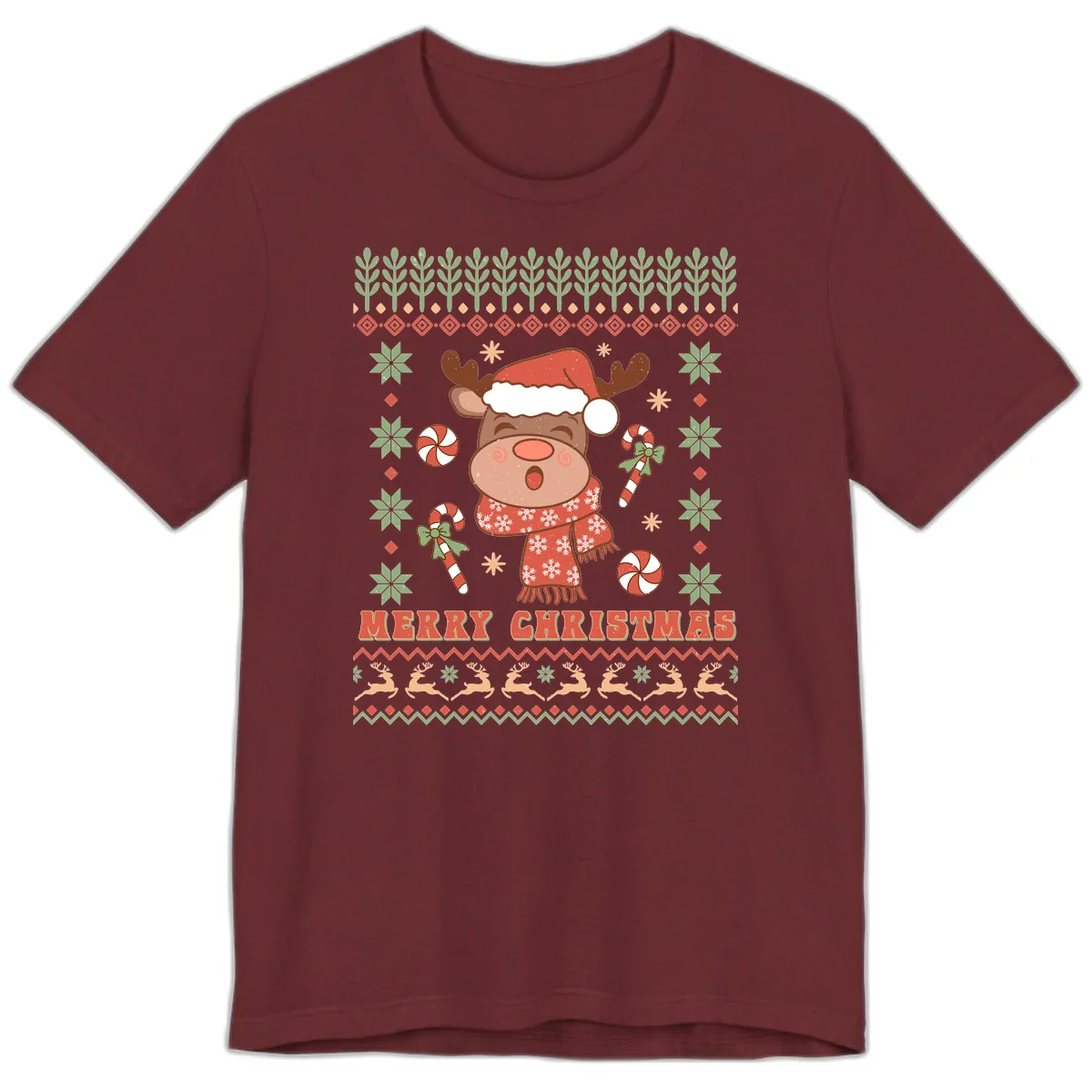Merry Christmas Reindeer Ugly Sweater Premium T-Shirt in Heather Cardinal