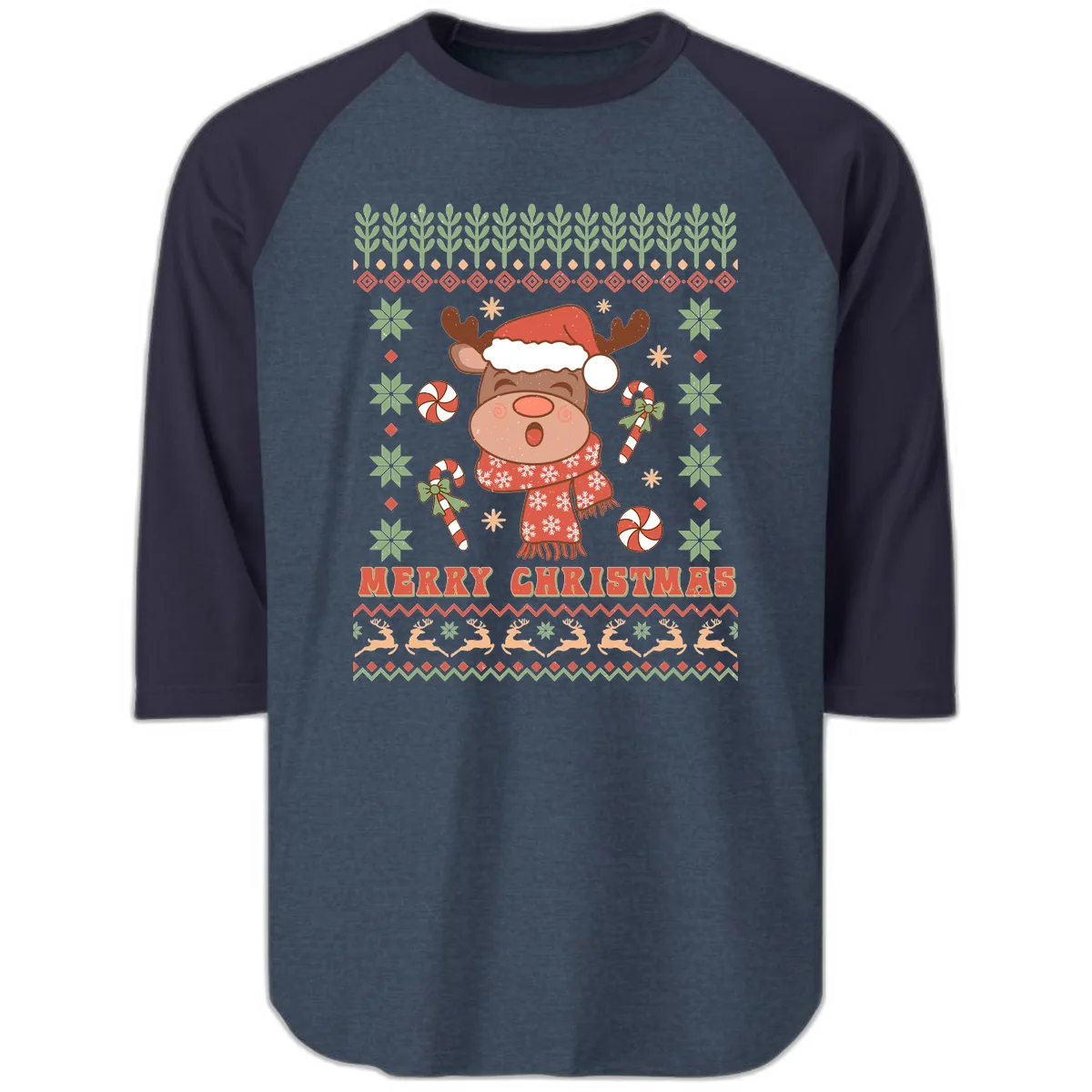 Merry Christmas Reindeer Ugly Sweater Raglan 3/4 in Heather Denim Navy